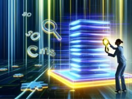 Futuristische Server-Landschaft mit moderner Person, die eine leuchtende CMS-Plattform optimiert, umgeben von abstrakten SEO-Symbolen und User-Interfaces in kühlen Farben.