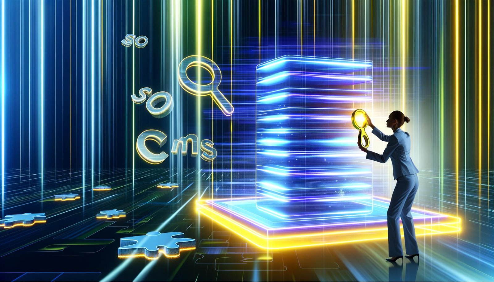 Futuristische Server-Landschaft mit moderner Person, die eine leuchtende CMS-Plattform optimiert, umgeben von abstrakten SEO-Symbolen und User-Interfaces in kühlen Farben.