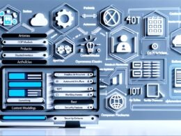 Modernes, minimalistisches UI eines Headless CMS Tools mit Content-Modellierung, API-Schnittstellen, Workflows und Sicherheitsfeatures; verbunden mit verschiedenen digitalen Systemen.
