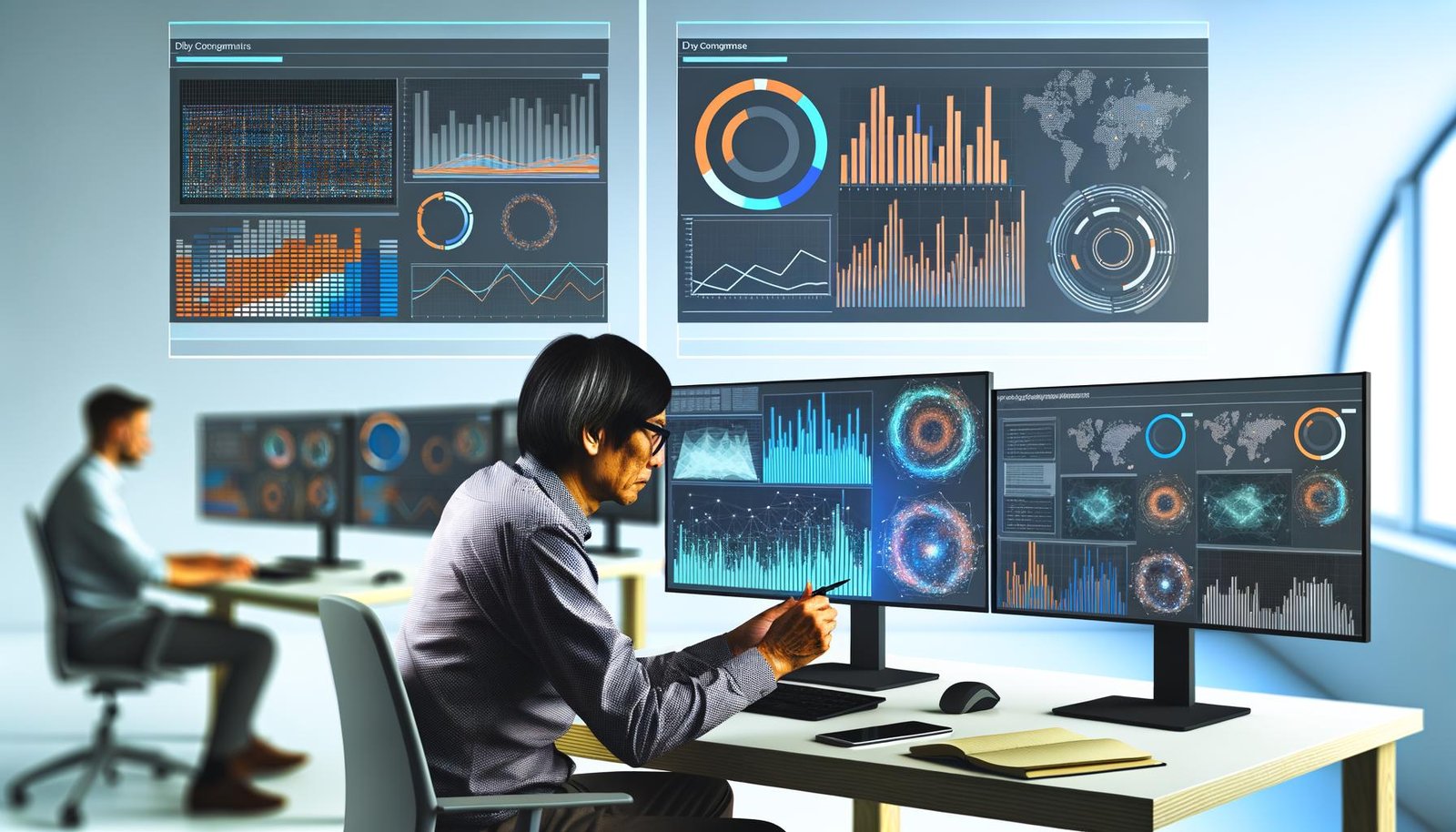 Dynamischer Data-Science-Arbeitsplatz mit mehreren Monitoren, auf denen moderne Diagramme und Dashboards angezeigt werden. Im Vordergrund analysiert eine Person konzentriert Daten.