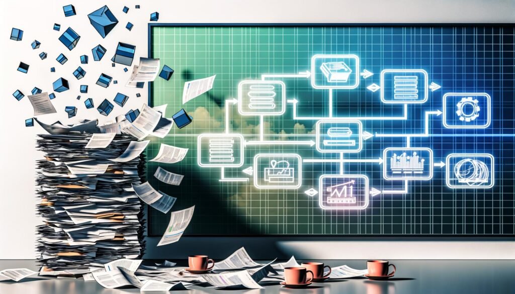 Stapel chaotischer Papierkram und überlaufende Excel-Ausdrucke im Vordergrund, im Hintergrund eine Glasscheibe mit digitalem Dataframe-Workflow und Monitoring-Grafiken in einem modernen Büro.