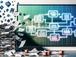 Stapel chaotischer Papierkram und überlaufende Excel-Ausdrucke im Vordergrund, im Hintergrund eine Glasscheibe mit digitalem Dataframe-Workflow und Monitoring-Grafiken in einem modernen Büro.