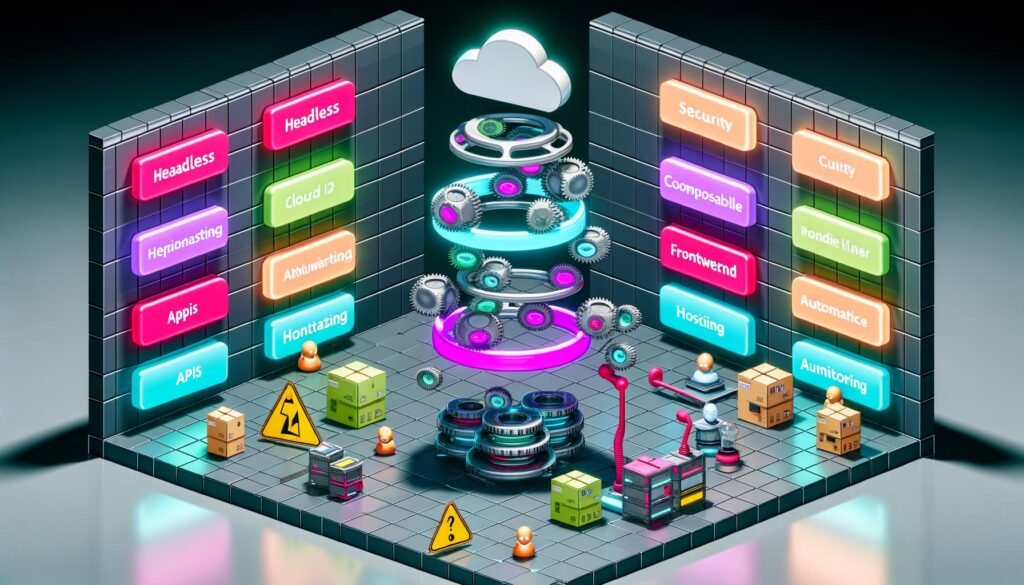 Isometrischer, mehrschichtiger Tech-Stack-Turm mit modernen Modulen (CMS, API, Frontend, Automatisierung), umgeben von Entwickler-Avataren, futuristischen Datenströmen und klarer Gegenüberstellung von chaotischer und strukturierter Architektur.