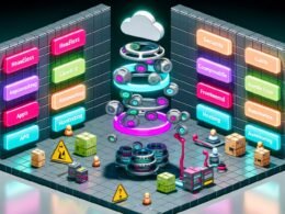 Isometrischer, mehrschichtiger Tech-Stack-Turm mit modernen Modulen (CMS, API, Frontend, Automatisierung), umgeben von Entwickler-Avataren, futuristischen Datenströmen und klarer Gegenüberstellung von chaotischer und strukturierter Architektur.