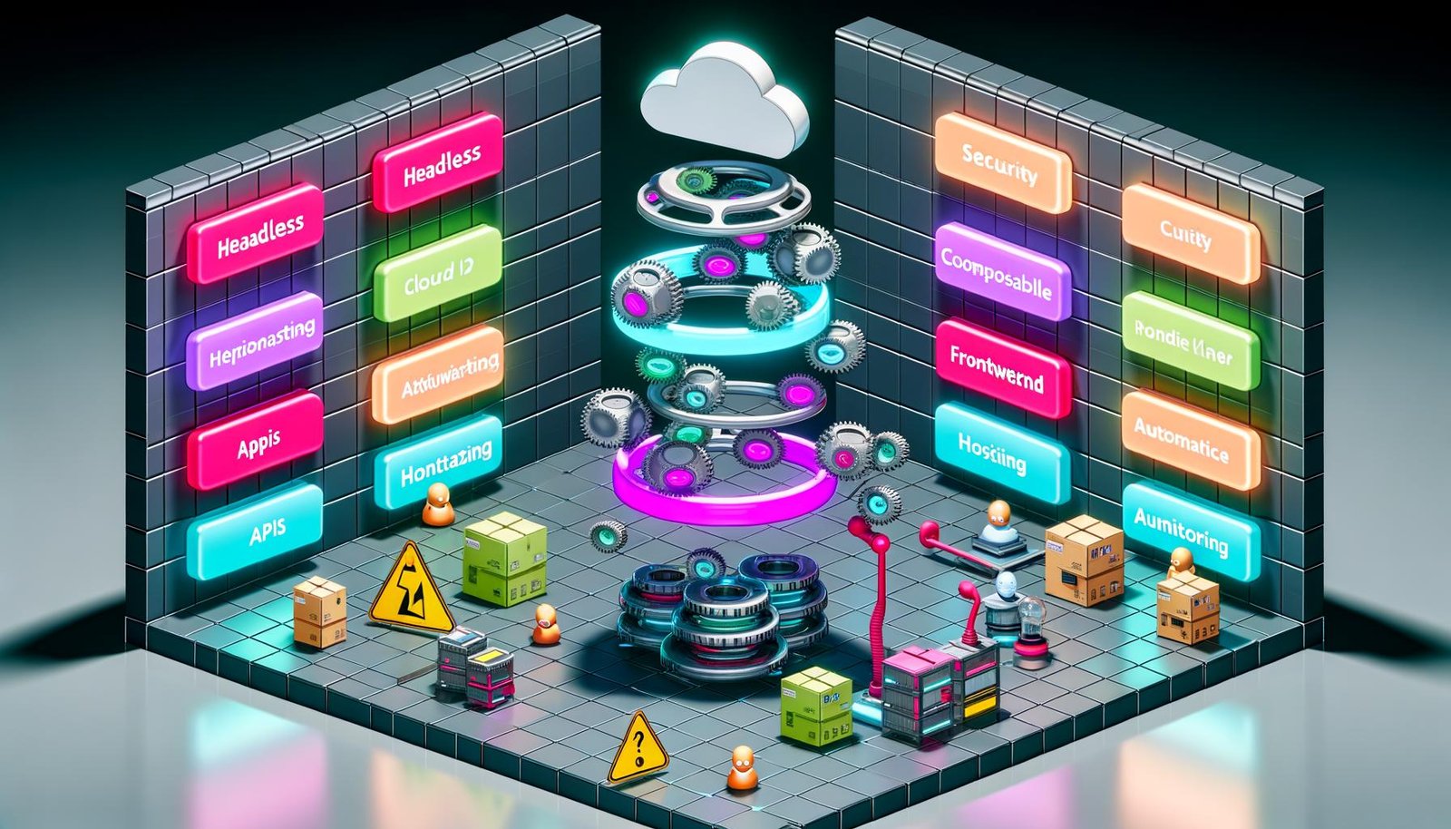 Isometrischer, mehrschichtiger Tech-Stack-Turm mit modernen Modulen (CMS, API, Frontend, Automatisierung), umgeben von Entwickler-Avataren, futuristischen Datenströmen und klarer Gegenüberstellung von chaotischer und strukturierter Architektur.