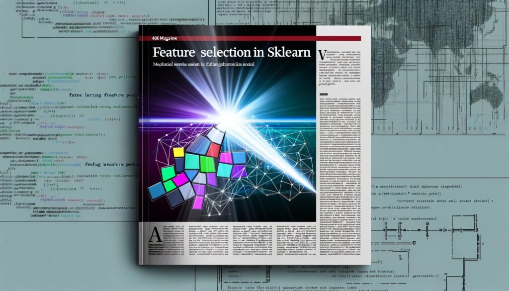 Magazin-Headerbild: Ein neuronales Netz wählt mit einem Lichtstrahl bunte, geometrische Blöcke als relevante Features aus, während weniger wichtige Features im Schatten liegen. Der blaue, abstrakte Hintergrund enthält Code-Fragmente und Diagramme.