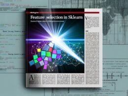 Magazin-Headerbild: Ein neuronales Netz wählt mit einem Lichtstrahl bunte, geometrische Blöcke als relevante Features aus, während weniger wichtige Features im Schatten liegen. Der blaue, abstrakte Hintergrund enthält Code-Fragmente und Diagramme.