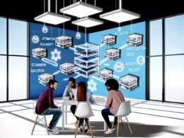 Drei Fachkräfte kooperieren an einem digitalen CMS-Dashboard mit Symbolen für Automatisierung, Skalierbarkeit und Sicherheit in einem modernen, strukturierten Büro.