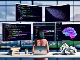 Moderne, farbenfrohe Illustration eines Data Scientists mit Laptop, Jupyter Notebooks und Python-Code, daneben alte Tools wie Excel und PowerPoint als Kontrast zur innovativen Datenanalyse.