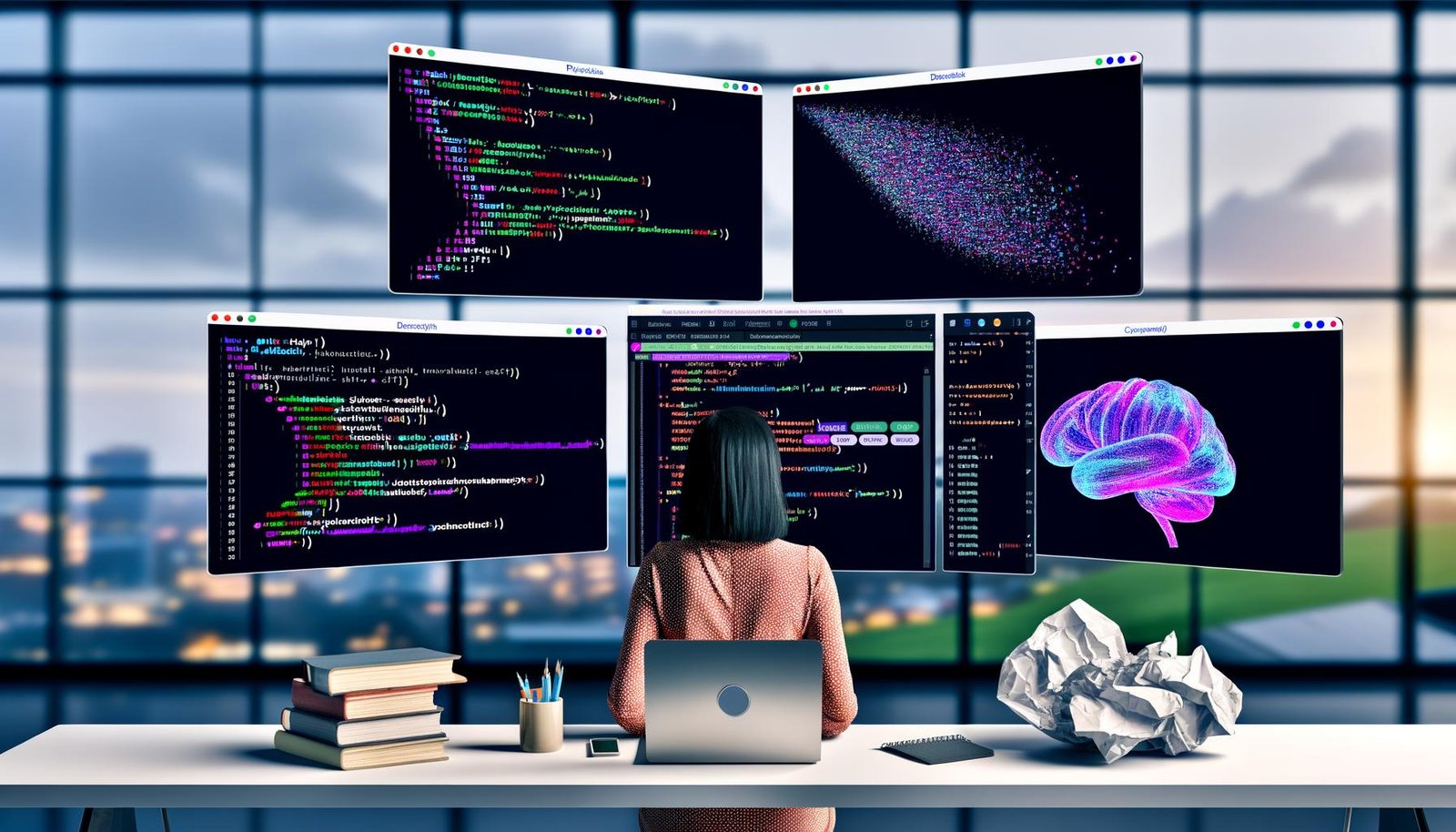 Moderne, farbenfrohe Illustration eines Data Scientists mit Laptop, Jupyter Notebooks und Python-Code, daneben alte Tools wie Excel und PowerPoint als Kontrast zur innovativen Datenanalyse.