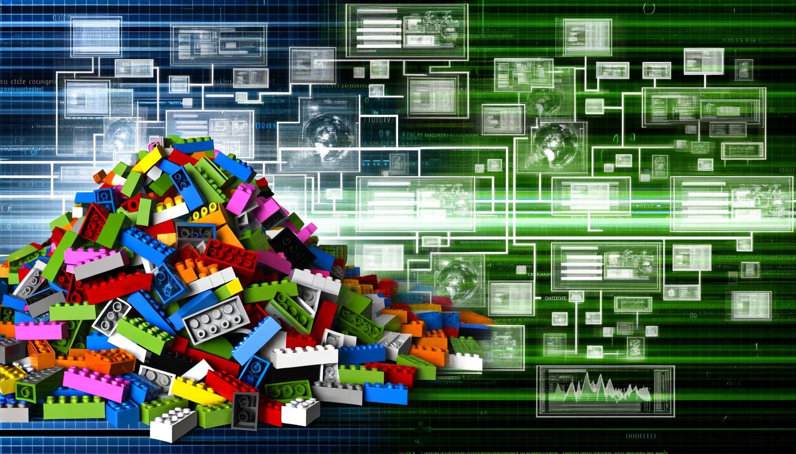 Grafik, die verstreute, bunte Legosteine neben einem geordneten Lego-Gebilde zeigt, untermalt von schematischen digitalen Interfaces und Server-Symbolen – Sinnbild für die Transformation zu strukturierter CMS-Organisation.