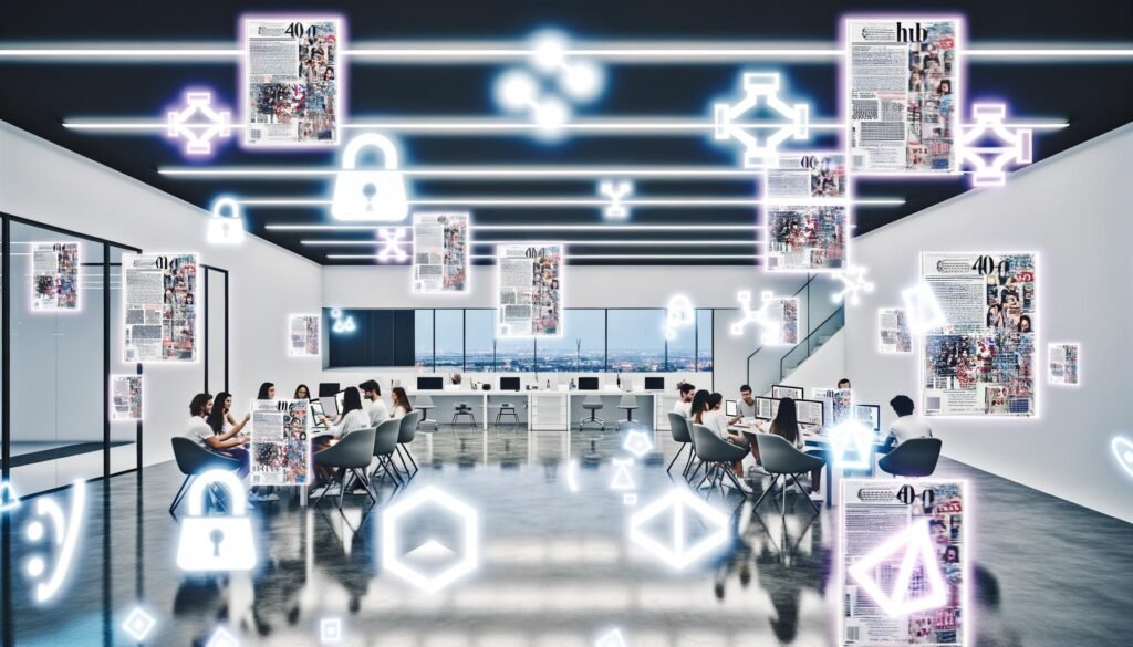 Junge, vielfältige Redaktion arbeitet an Laptops und Tablets in einem modernen Magazinbüro, umgeben von leuchtenden Bildschirmen mit 3D-AR-Overlays, digitalen Icons und virtuellen Browserfenstern.