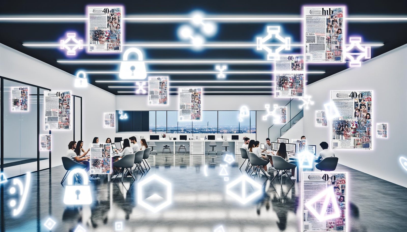 Junge, vielfältige Redaktion arbeitet an Laptops und Tablets in einem modernen Magazinbüro, umgeben von leuchtenden Bildschirmen mit 3D-AR-Overlays, digitalen Icons und virtuellen Browserfenstern.