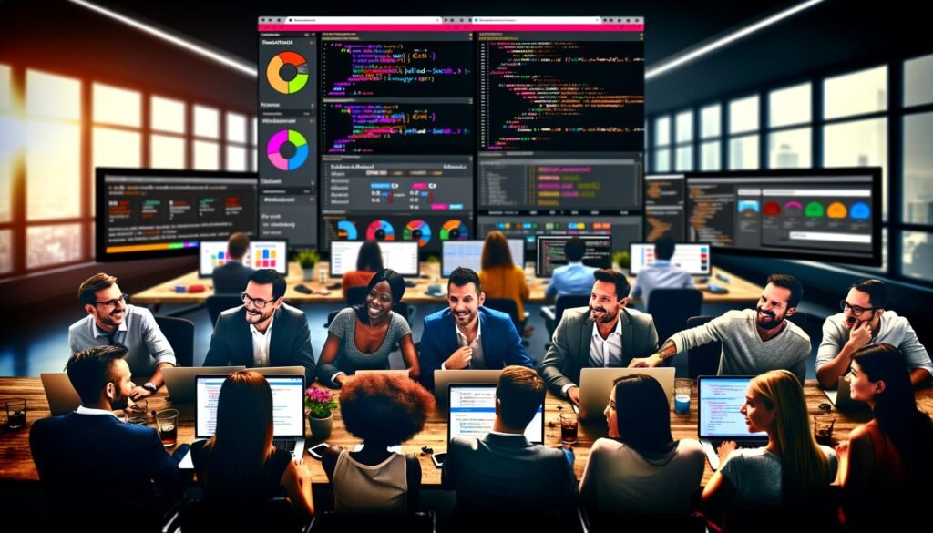 Marketing-Team arbeitet kollaborativ an Laptops mit Analytik-Dashboards, Jupyter Notebooks und farbenfrohen Datenvisualisierungen in einem modernen Büro.