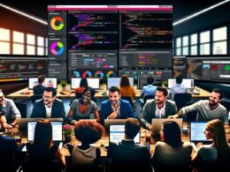 Marketing-Team arbeitet kollaborativ an Laptops mit Analytik-Dashboards, Jupyter Notebooks und farbenfrohen Datenvisualisierungen in einem modernen Büro.