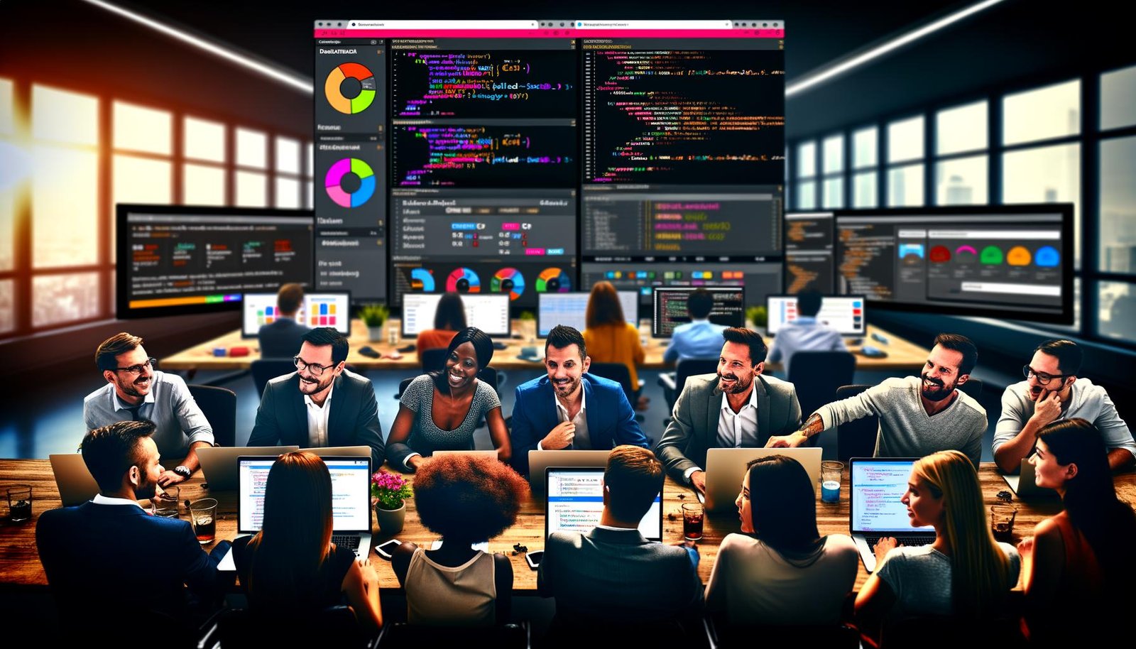 Marketing-Team arbeitet kollaborativ an Laptops mit Analytik-Dashboards, Jupyter Notebooks und farbenfrohen Datenvisualisierungen in einem modernen Büro.