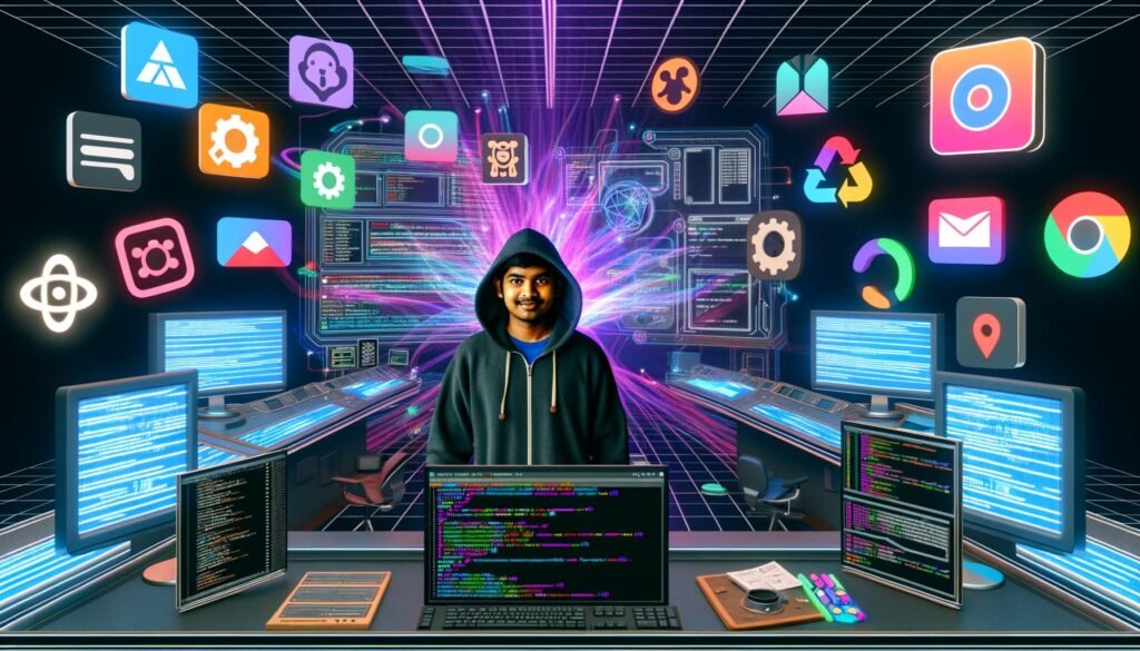 Person mit Hoodie arbeitet selbstbewusst in einem futuristischen Maschinenraum voller Interfaces, Open-Source-Logos und bunter Datenströme.