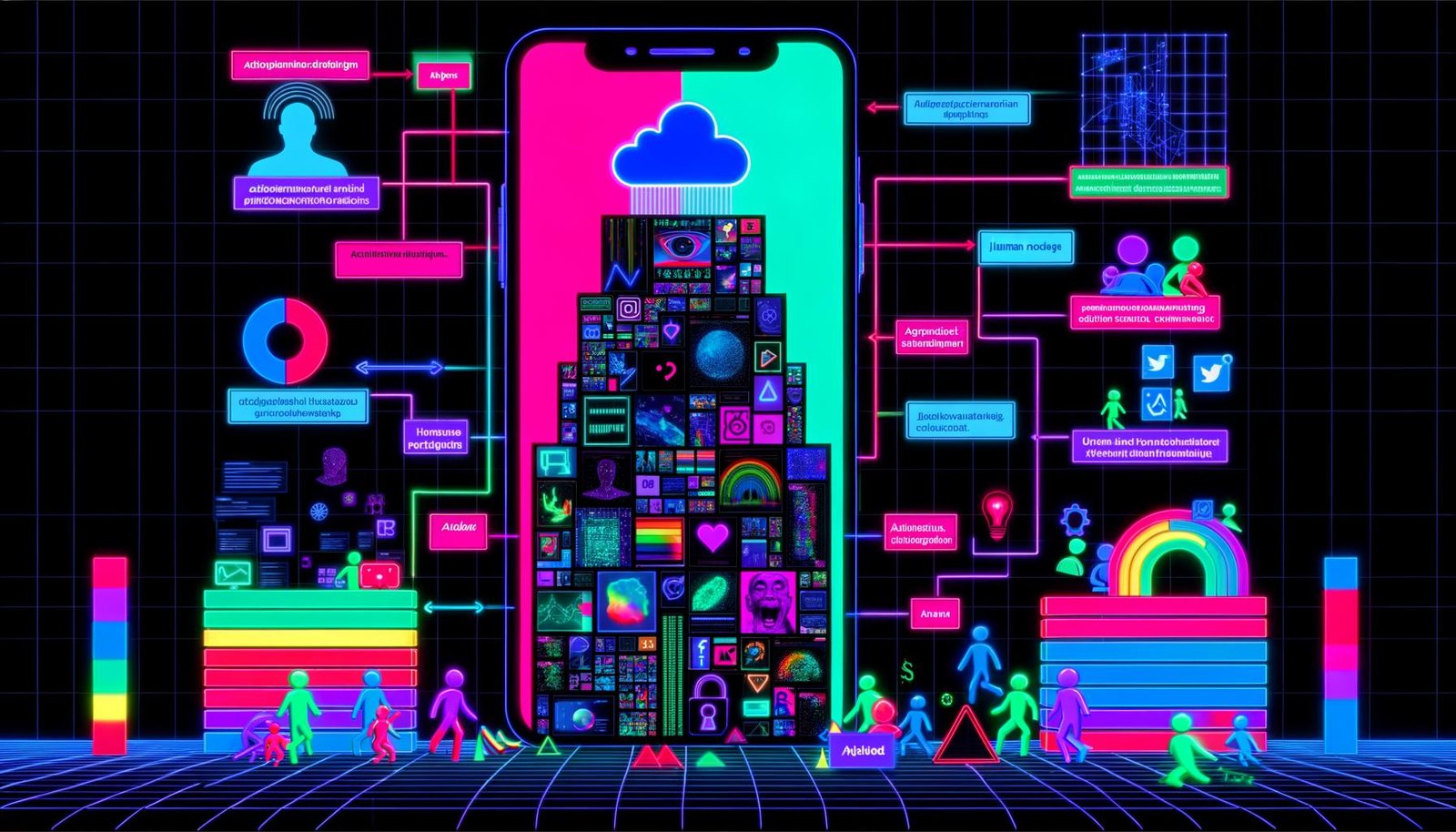 Digitale Collage im Neonstil über TikTok-Zensur: Smartphone-Monitor, algorithmische Muster, zerfallende Memes, Moderationsebenen, Weltkarte mit TikTok-Logos, TikTok-Roboter und Avatare an Datenmauern.