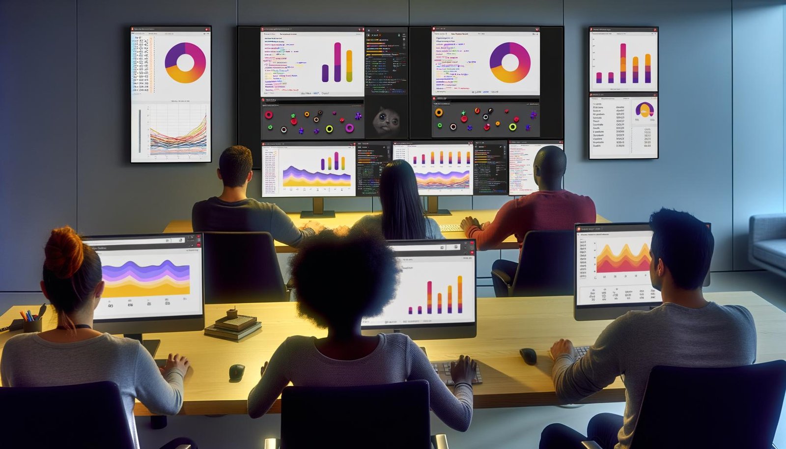 Junge, diverse Professionals arbeiten gemeinsam an farbenfrohen, interaktiven Dashboards im Jupyter-Stil auf mehreren Monitoren in einer modernen, technischen Arbeitsumgebung.
