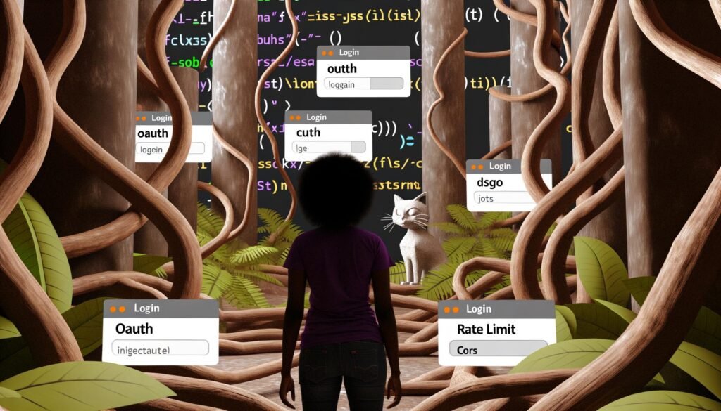Entschlossener Entwickler navigiert durch einen Dschungel von Code, Login-Screens und Sicherheitsbarrieren wie OAuth, DSGVO, Rate Limit und CORS, mit GitHub Octocat und statischen HTML/CSS/JS-Files im Hintergrund.