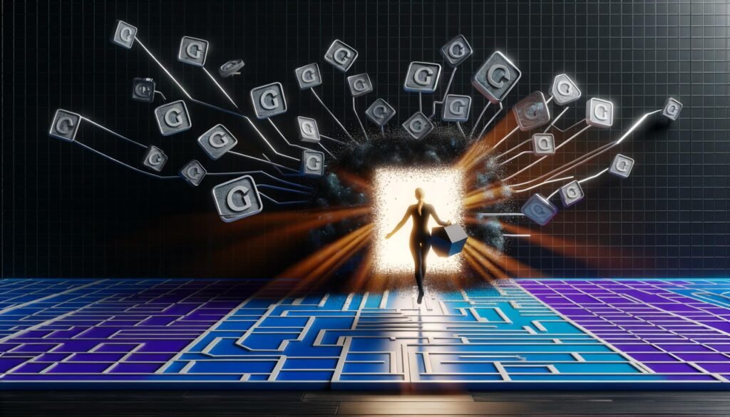 Konzeptillustration einer Person, die aus einem leuchtenden Käfig aus Logos zentralisierter Plattformen ausbricht und auf einem Schaltkreisweg zu GitHub Pages geht, mit Symbolen für dezentrale Websites und futuristischen Neonfarben.