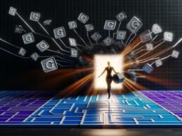 Konzeptillustration einer Person, die aus einem leuchtenden Käfig aus Logos zentralisierter Plattformen ausbricht und auf einem Schaltkreisweg zu GitHub Pages geht, mit Symbolen für dezentrale Websites und futuristischen Neonfarben.