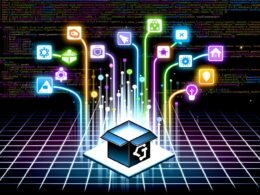 Futuristische Illustration einer offenen GitHub-Repository-Box, aus der bunte Netzwerk- und Code-Elemente strahlen, umgeben von Icons und leuchtenden Verbindungslinien vor einem dunklen Hintergrund, mit verblassenden Tech-Konzern-Logos im Hintergrund.
