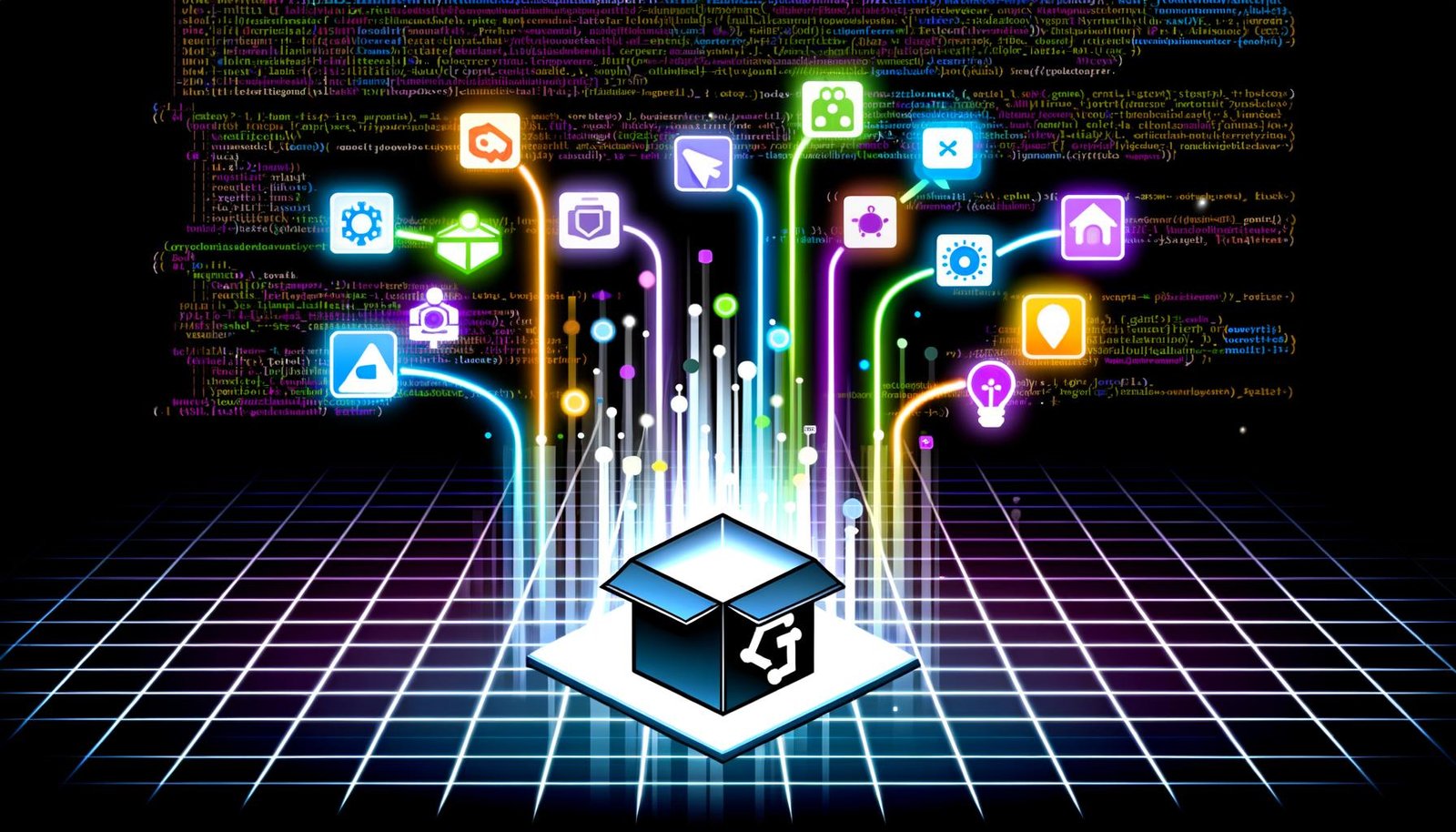 Futuristische Illustration einer offenen GitHub-Repository-Box, aus der bunte Netzwerk- und Code-Elemente strahlen, umgeben von Icons und leuchtenden Verbindungslinien vor einem dunklen Hintergrund, mit verblassenden Tech-Konzern-Logos im Hintergrund.