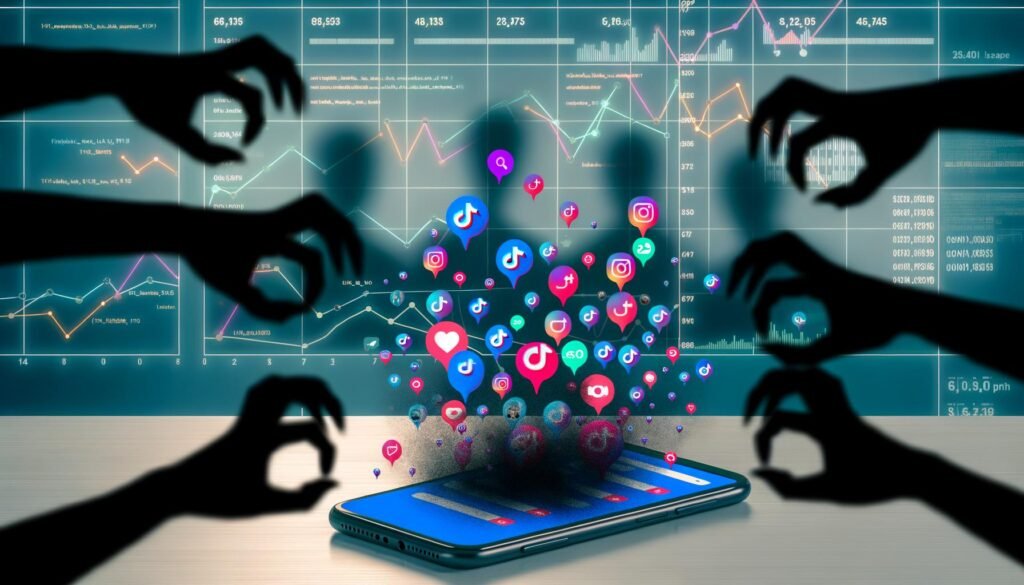 Digitales Szenario mit TikTok-Smartphone, das von dunklen Algorithmenkrallen gehalten wird. Social-Media-Symbole werden von Schattenhänden abgefangen, im Hintergrund stehen gesichtslose Geschäftsleute vor abstürzenden Analyse-Grafiken.