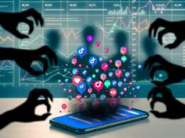 Digitales Szenario mit TikTok-Smartphone, das von dunklen Algorithmenkrallen gehalten wird. Social-Media-Symbole werden von Schattenhänden abgefangen, im Hintergrund stehen gesichtslose Geschäftsleute vor abstürzenden Analyse-Grafiken.