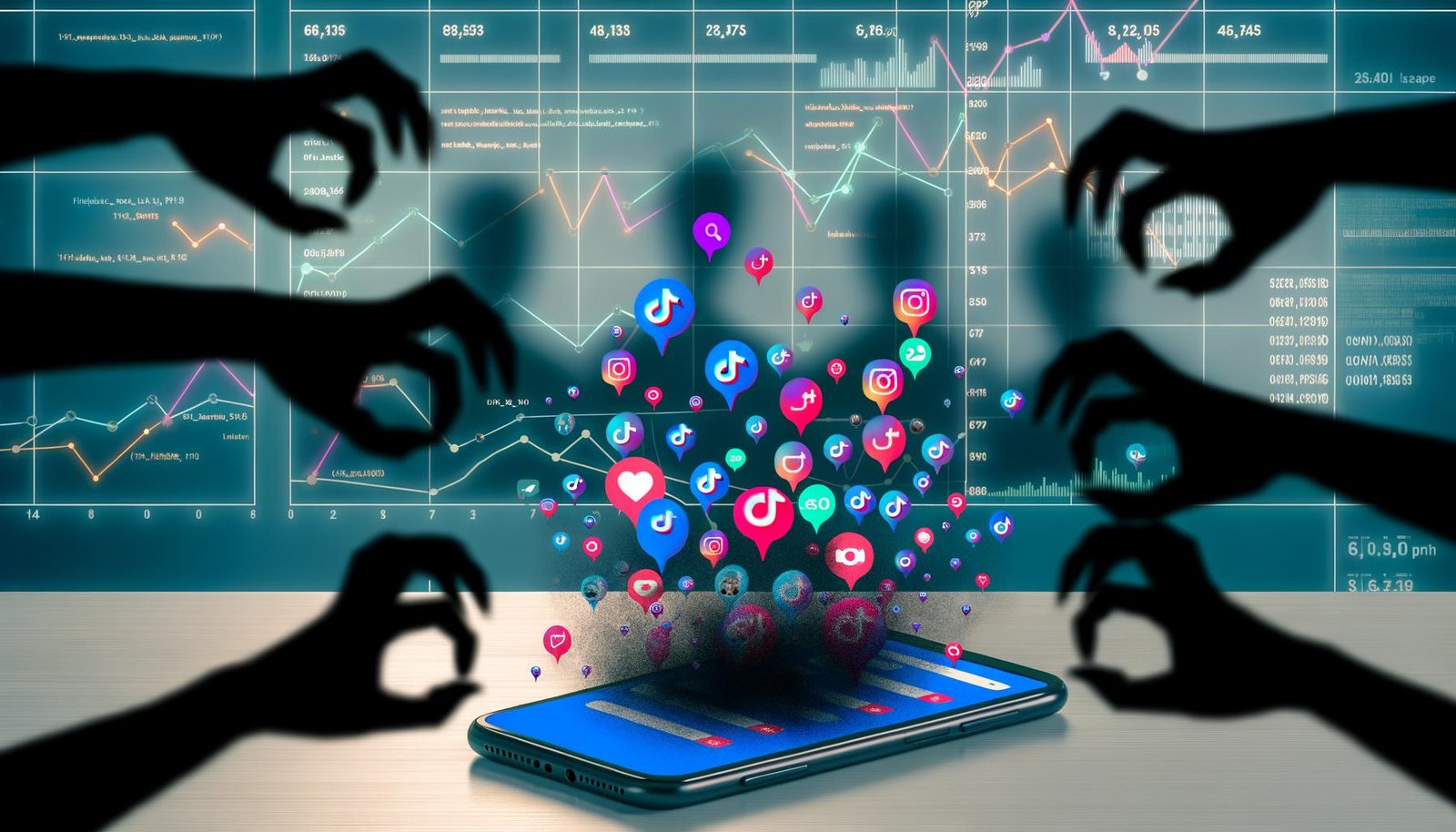 Digitales Szenario mit TikTok-Smartphone, das von dunklen Algorithmenkrallen gehalten wird. Social-Media-Symbole werden von Schattenhänden abgefangen, im Hintergrund stehen gesichtslose Geschäftsleute vor abstürzenden Analyse-Grafiken.