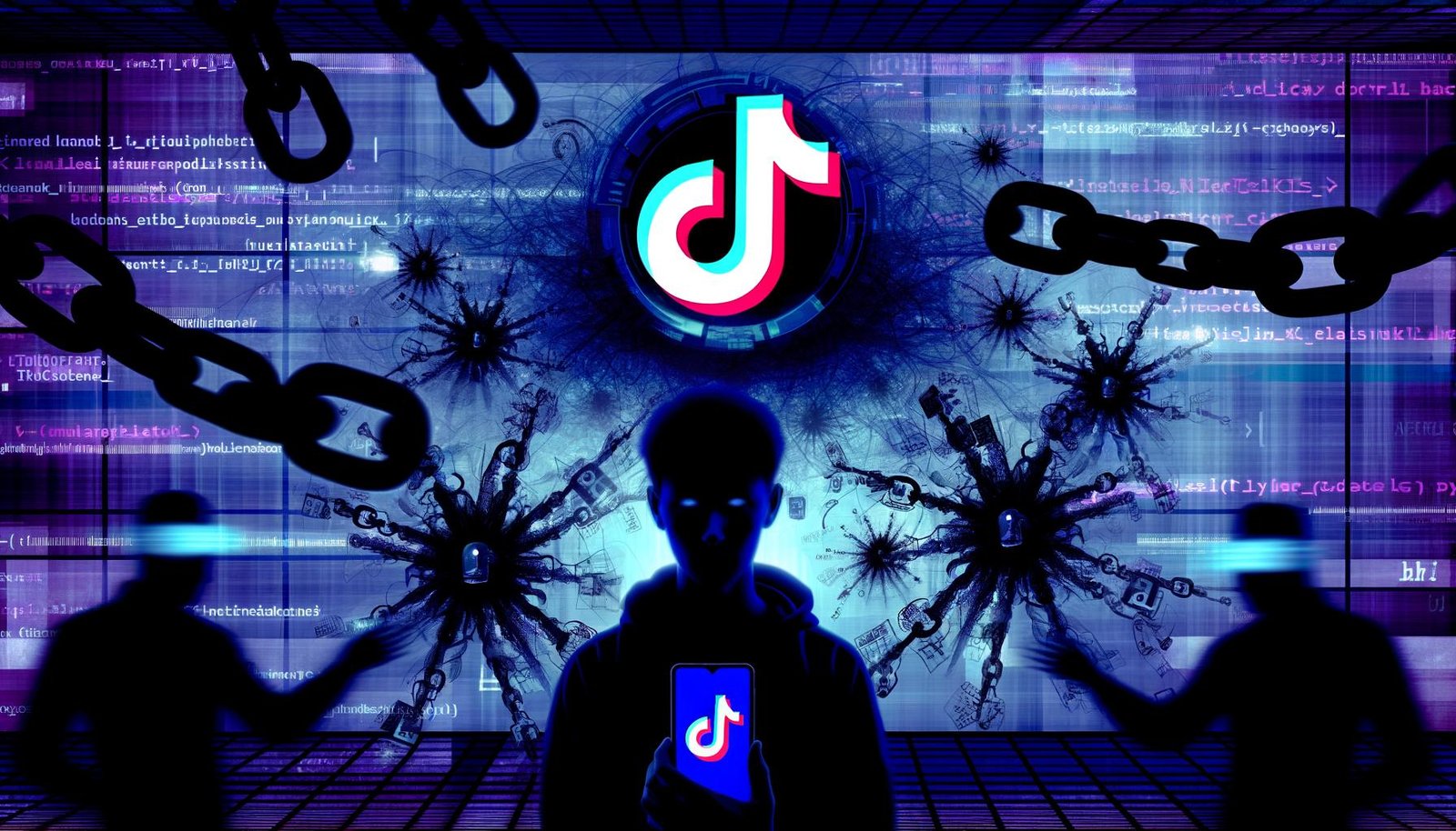 Futuristische Szene mit TikTok-Logo, verschlungenen Datenströmen, schemenhaften Moderatoren und glitchigem Smartphone-Nutzer in dunkler, technischer Atmosphäre.