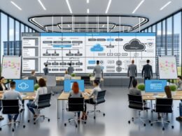 Marketing-Team arbeitet konzentriert in modernem Büro mit Monitoren, die Headless-Architektur, API-Flows und Content-Distribution aufzeigen; digitale Whiteboards, Kanban-Boards und Netzwerksymbole betonen die effiziente Arbeitsweise.