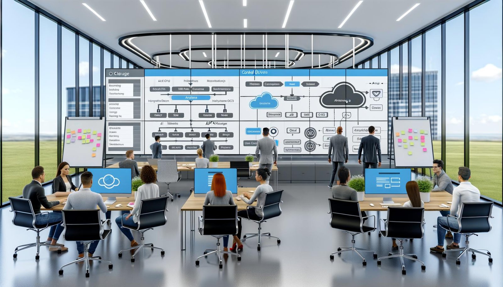 Marketing-Team arbeitet konzentriert in modernem Büro mit Monitoren, die Headless-Architektur, API-Flows und Content-Distribution aufzeigen; digitale Whiteboards, Kanban-Boards und Netzwerksymbole betonen die effiziente Arbeitsweise.