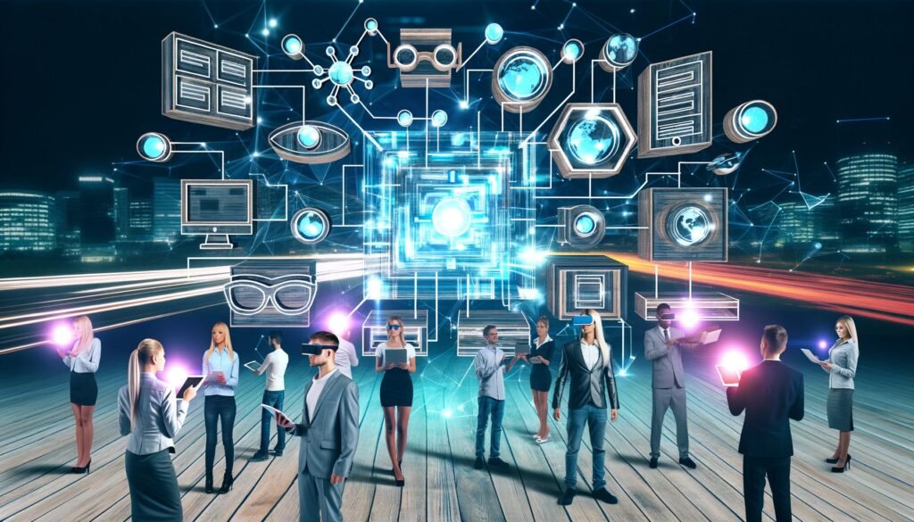 Futuristische Marketingszene mit holografischem CMS, Entwicklern und Marketingexperten mit AR-Brillen, Tablets und Laptops, während traditionelle WordPress-Elemente am Rand verblassen.