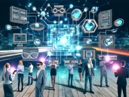 Futuristische Marketingszene mit holografischem CMS, Entwicklern und Marketingexperten mit AR-Brillen, Tablets und Laptops, während traditionelle WordPress-Elemente am Rand verblassen.