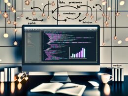 Modern eingerichteter Schreibtisch mit großem Ultra-Wide-Monitor, der ein Jupyter Notebook mit Code, Diagrammen und Daten-Pipelines von Datenquellen zu Analysen zeigt. Stylische Büroartikel, Kaffeebecher und ein Notizblock ergänzen das professionelle Setting.