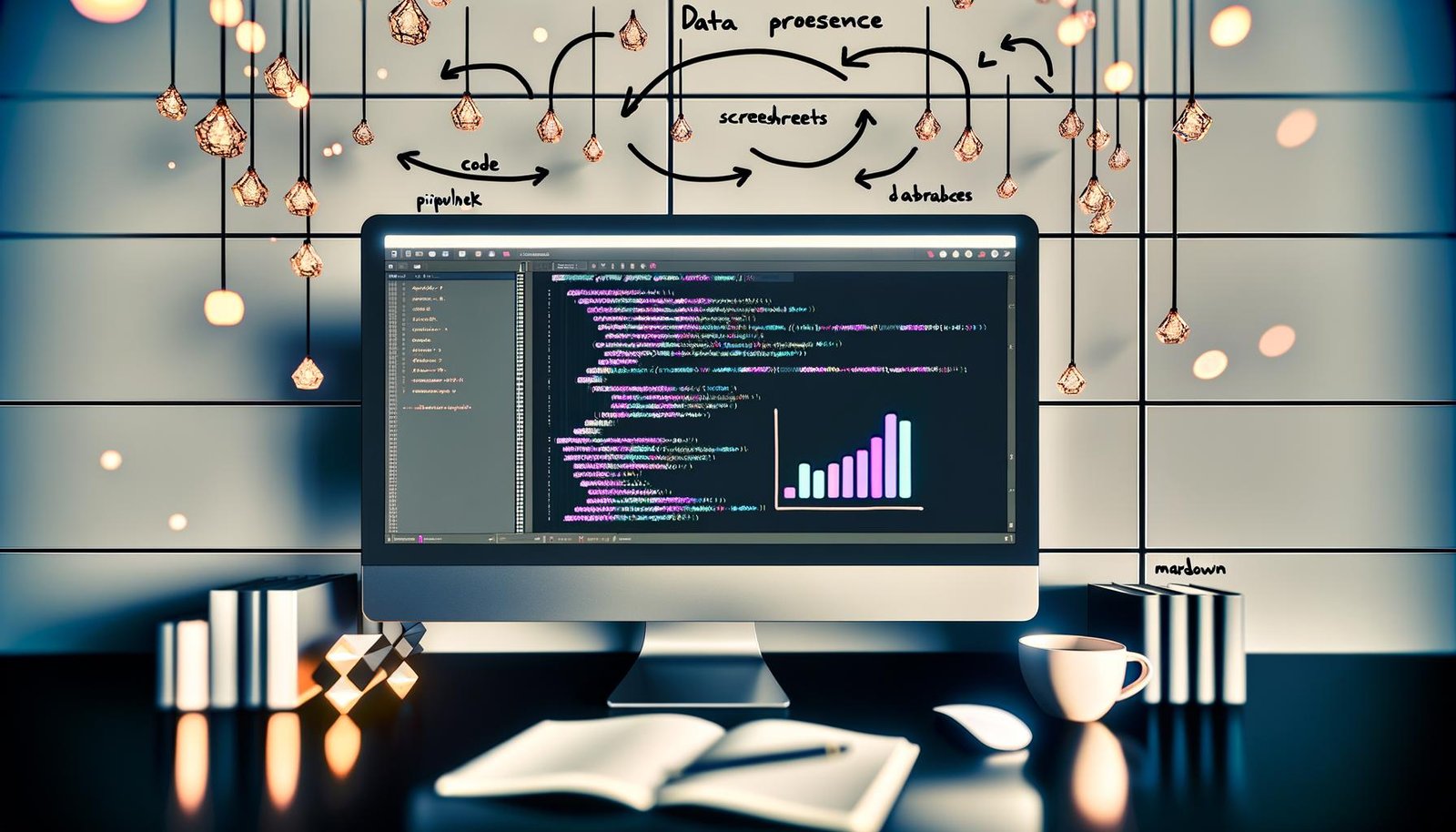 Modern eingerichteter Schreibtisch mit großem Ultra-Wide-Monitor, der ein Jupyter Notebook mit Code, Diagrammen und Daten-Pipelines von Datenquellen zu Analysen zeigt. Stylische Büroartikel, Kaffeebecher und ein Notizblock ergänzen das professionelle Setting.