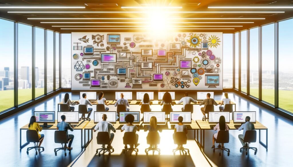 Modernes Großraumbüro 2025 mit Tech-Teams an Laptops, digitalen Whiteboards, farbcodierten Content-Modellen und klarer, papierfreier Arbeitsumgebung.