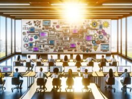 Modernes Großraumbüro 2025 mit Tech-Teams an Laptops, digitalen Whiteboards, farbcodierten Content-Modellen und klarer, papierfreier Arbeitsumgebung.