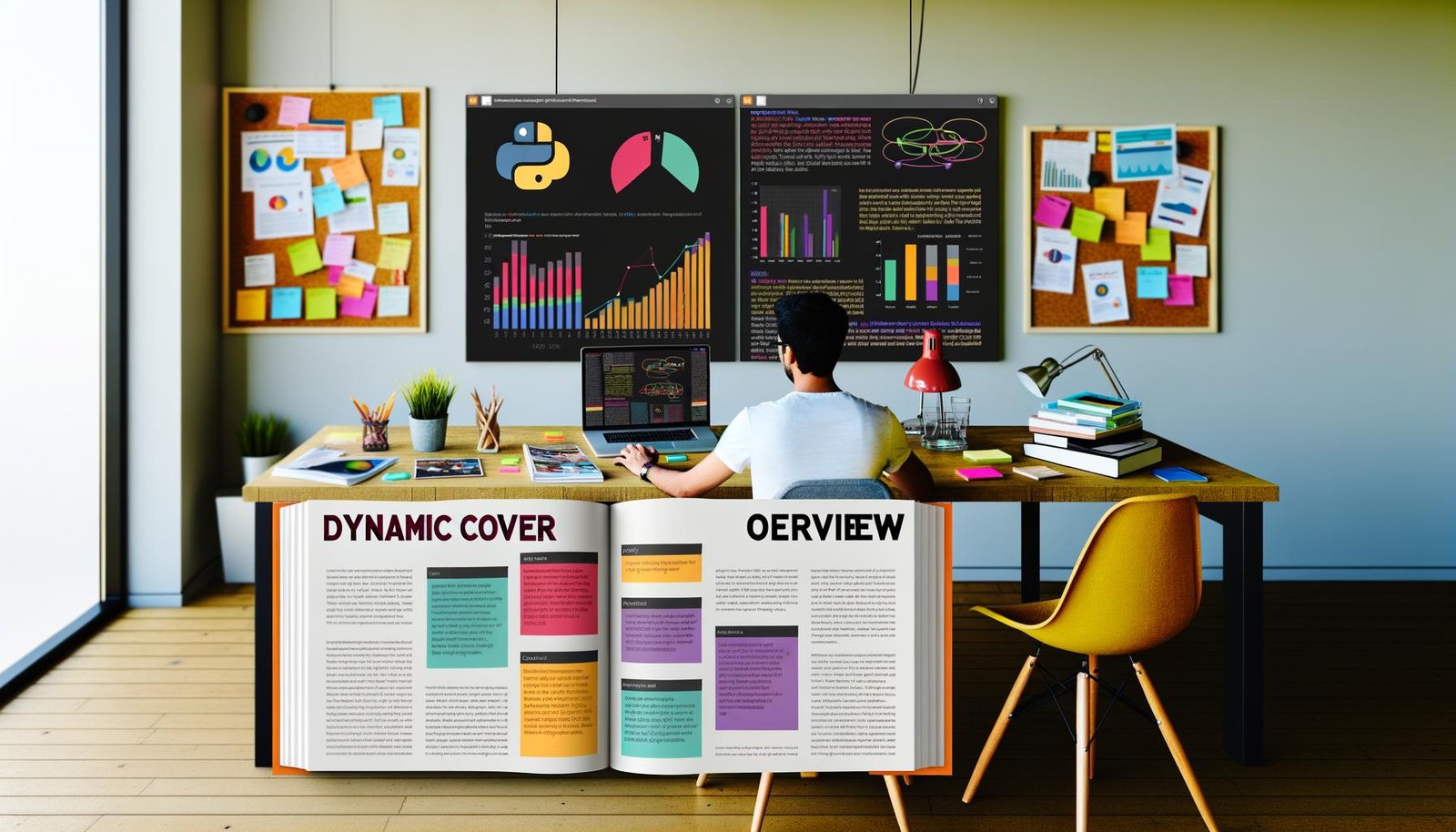 Marketingexpertin arbeitet an einem cleanen Schreibtisch mit Jupyter Notebook, bunten SEO- und KPI-Visualisierungen, Infografik zum Setup, Dashboards und einer Schweizer-Taschenmesser-Illustration mit digitalen Marketing-Tools.