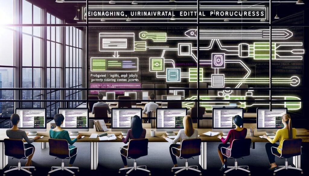 Modernes, helles Büro mit diversen Teammitgliedern, die digitale Redaktionsabläufe an Computern mit Flowcharts und API-Dashboards organisieren, umgeben von Notizzetteln und Checklisten.