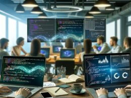 Marketing-Team in modernem Büro nutzt Jupyter Notebooks und Python für Datenanalyse und Visualisierungen, während alte Papier-Reports und Excel-Tabellen im Hintergrund verblassen.