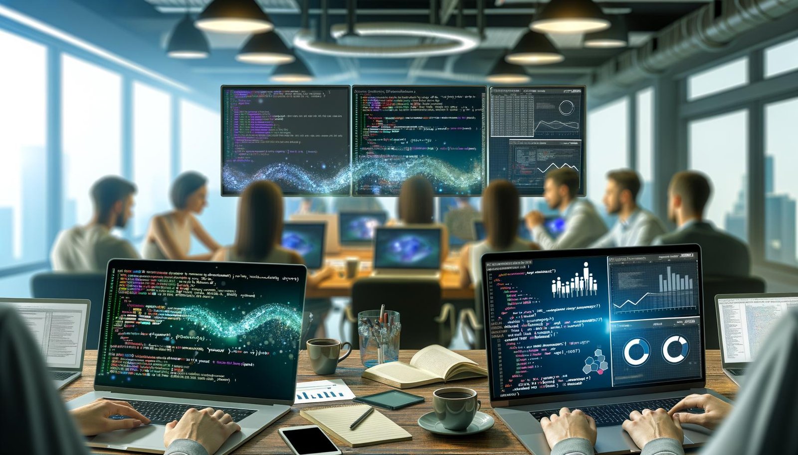 Marketing-Team in modernem Büro nutzt Jupyter Notebooks und Python für Datenanalyse und Visualisierungen, während alte Papier-Reports und Excel-Tabellen im Hintergrund verblassen.