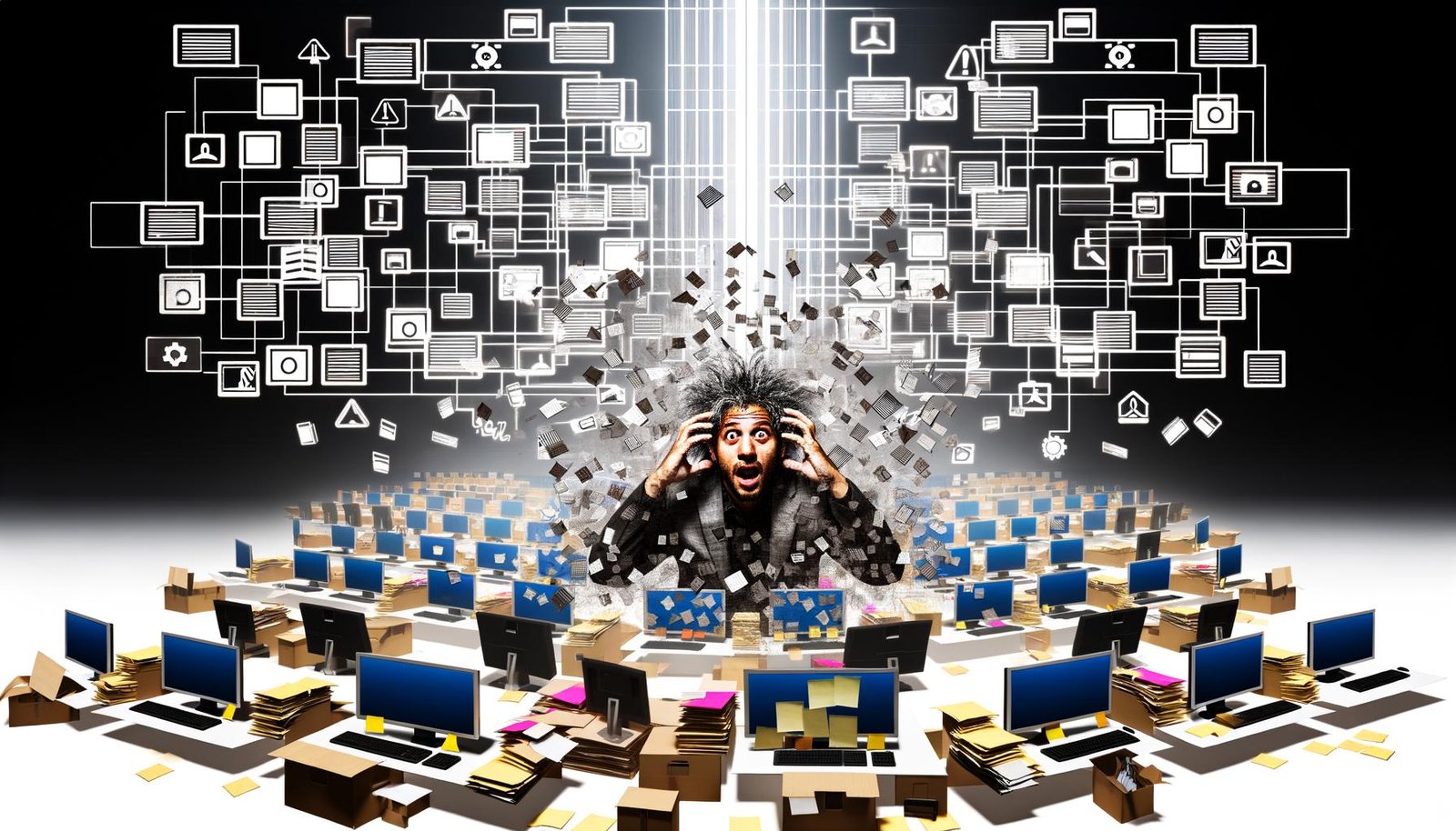 Überforderter Content-Manager in chaotischer Büroumgebung mit verstreuten Dokumenten, Notizen und digitalen Icons, neben aufsteigendem, strukturiertem Weg.