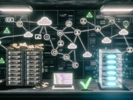 Futuristischer Kontrollraum mit verlassenen CMS-Servern und moderner GitHub-Arbeitsstation, umgeben von holografischen Code- und Netzwerkdiagrammen.
