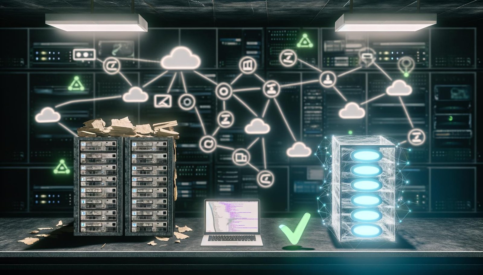 Futuristischer Kontrollraum mit verlassenen CMS-Servern und moderner GitHub-Arbeitsstation, umgeben von holografischen Code- und Netzwerkdiagrammen.