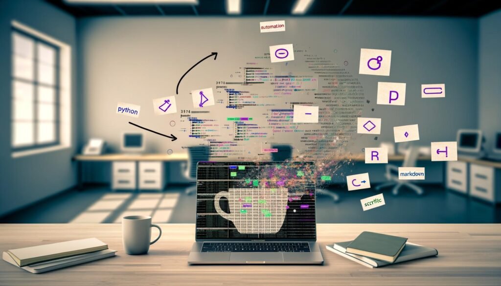 Stylischer Data Science-Arbeitsplatz mit Jupyter Notebook, farbenfrohen Visualisierungen, Analyseliteratur, und verblassenden traditionellen Tools.