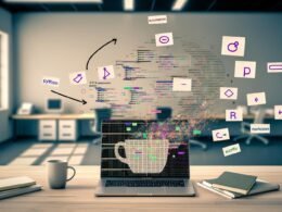 Stylischer Data Science-Arbeitsplatz mit Jupyter Notebook, farbenfrohen Visualisierungen, Analyseliteratur, und verblassenden traditionellen Tools.