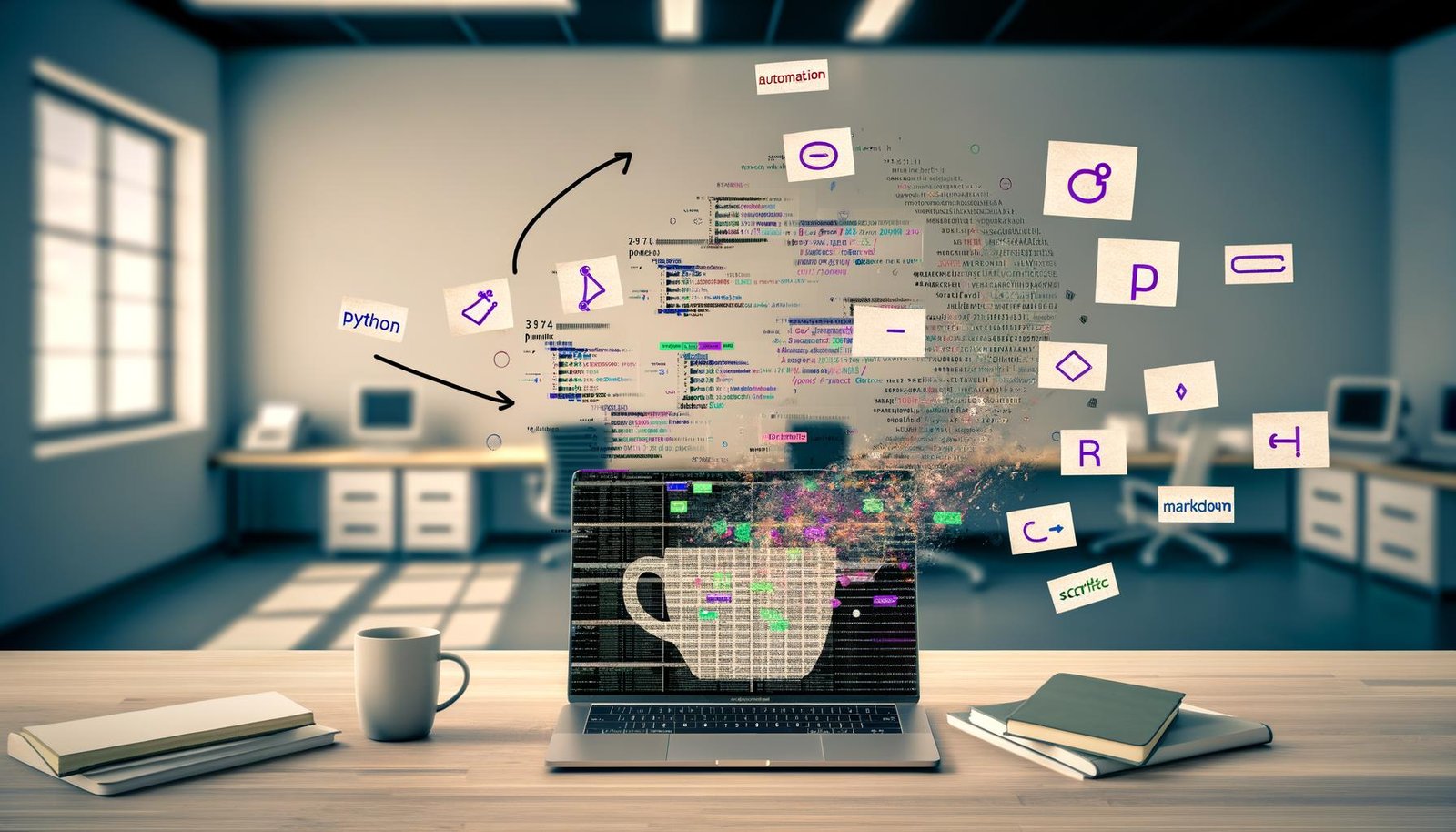 Stylischer Data Science-Arbeitsplatz mit Jupyter Notebook, farbenfrohen Visualisierungen, Analyseliteratur, und verblassenden traditionellen Tools.
